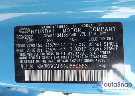 2022 Hyundai Kona Sel z USA, uszkodzony, nr VIN KM8K6CAB9NU889563